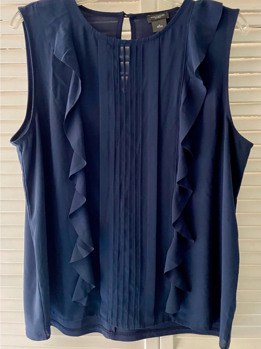 Ann Taylor Navy Ruffle Pintuck Sleeveless Blouse